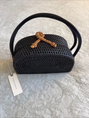 Anthropologie Black Woven Mini Top-Handle Bag with Tan Knot Detail